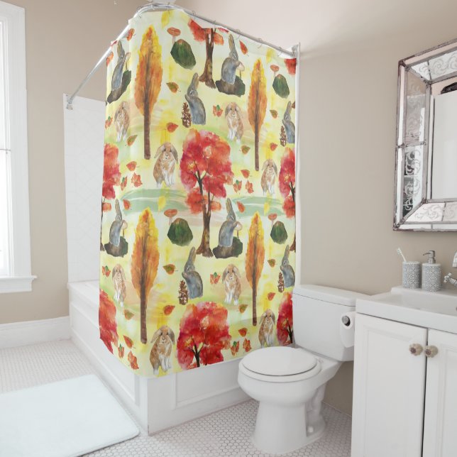 Woodland Bunny Rabbit Watercolor Shower Curtain (In Situ)