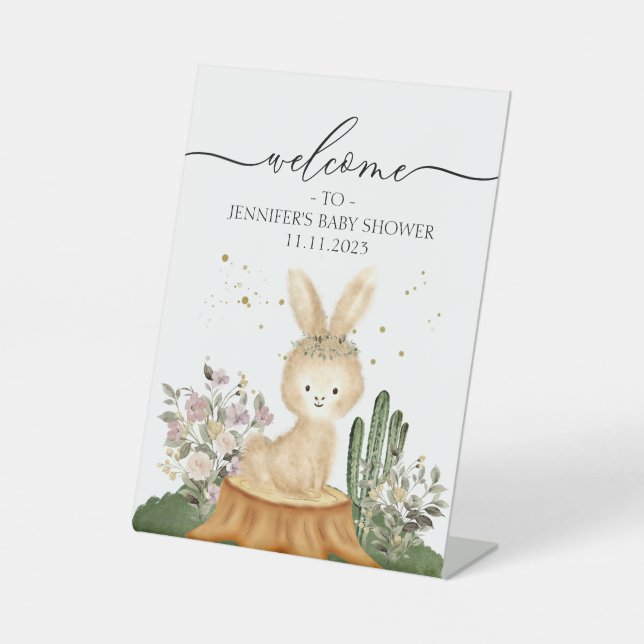 Woodland Bunny Rabbit Welcome Baby Shower Pedestal Sign (Front)