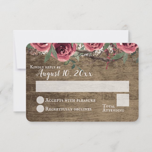 Woodland Burgundy Flowers Rustic Barn Wedding RSVP Invitation (Front)