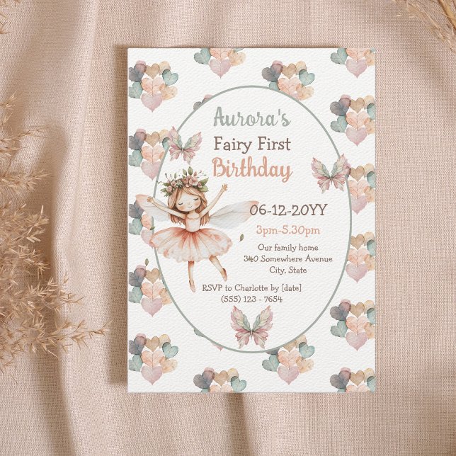 Woodland Butterflies & heart Fairy First birthday Invitation (Creator Uploaded)