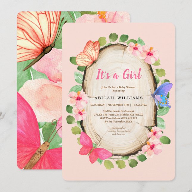 Woodland Butterfly Girl Baby Shower Invitation (Front/Back)