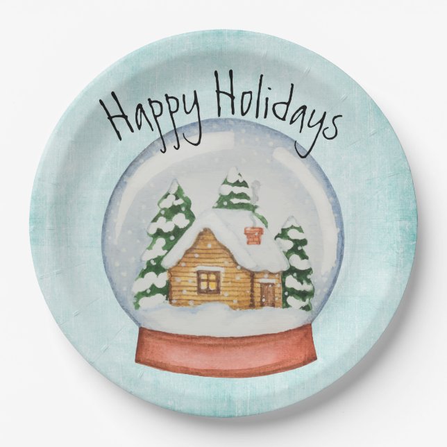 Woodland Cabin Holiday Snow Globe Paper Plate (Front)