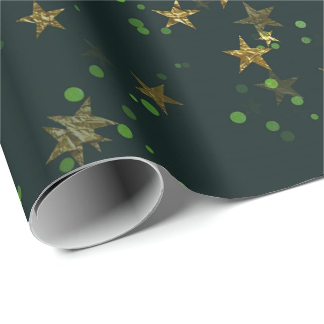 Woodland Cali Deep Green Stars Forest Gold Wrapping Paper (Roll Corner)