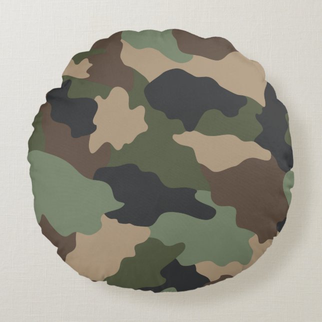 Woodland Camouflage Camo Khaki Green Tan Black Round Cushion (Front)