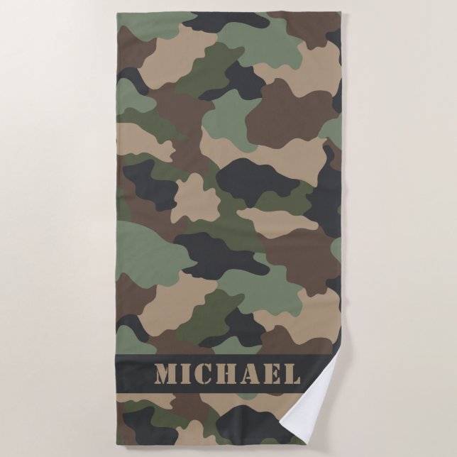 Woodland Camouflage Camo Khaki Tan Black Monogram Beach Towel (Front)