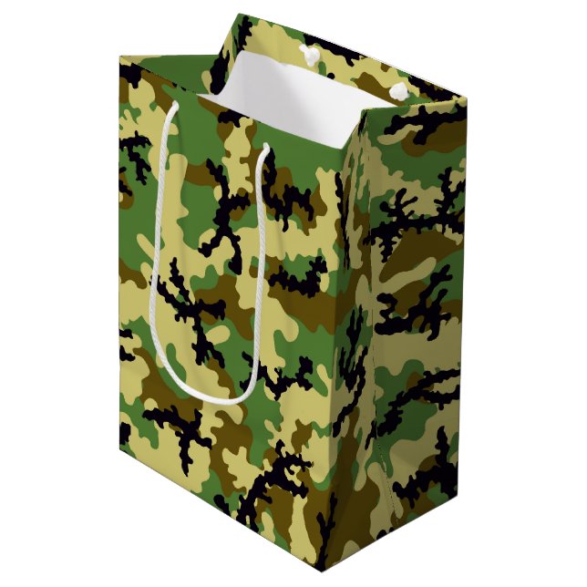 Woodland camouflage medium gift bag (Front Angled)