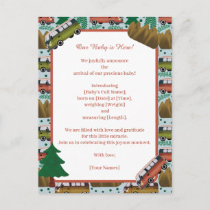 Woodland Camper Baby Boy  Announcement Postcard