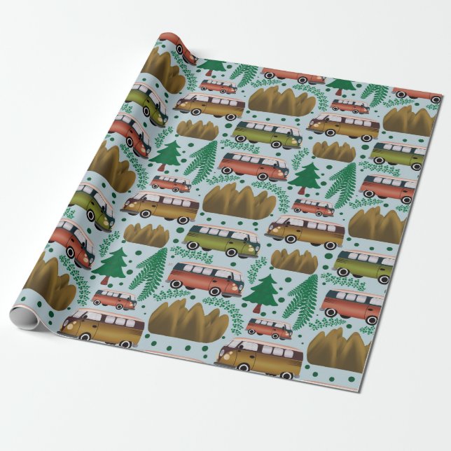 Woodland Camper Blue Wrapping Paper (Unrolled)