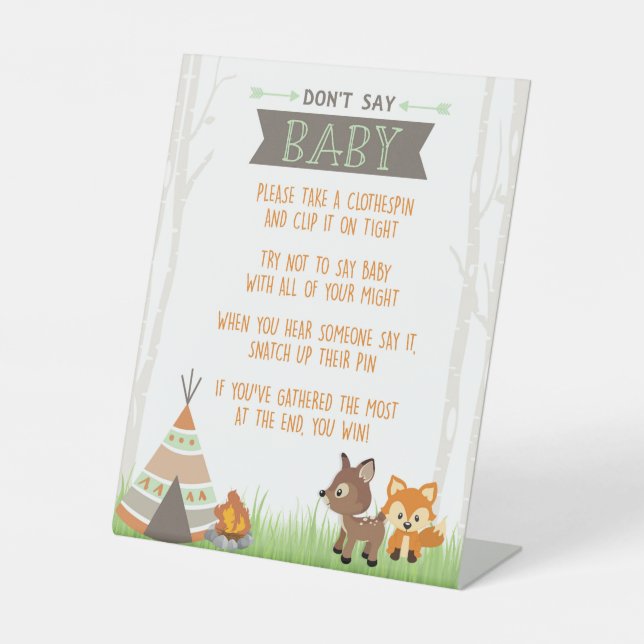 Woodland Camper Don't Say Baby Shower Game Pedestal Sign (Front)