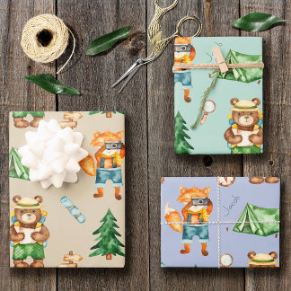 Woodland Camping Animals Kid Watercolor Pattern Wrapping Paper Sheet