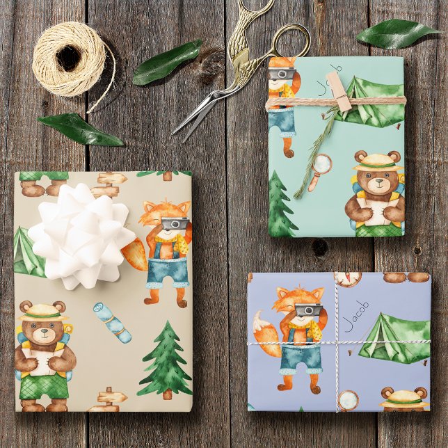 Woodland Camping Animals Kid Watercolor Pattern Wrapping Paper Sheet (Creator Uploaded)