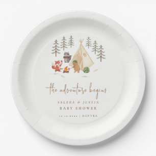Woodland Camping The Adventure Begins Baby Shower Paper Plate