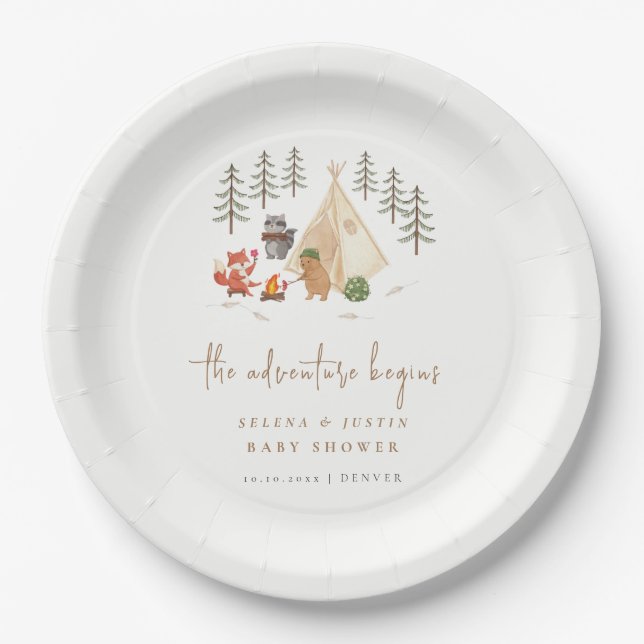 Woodland Camping The Adventure Begins Baby Shower Paper Plate (Front)