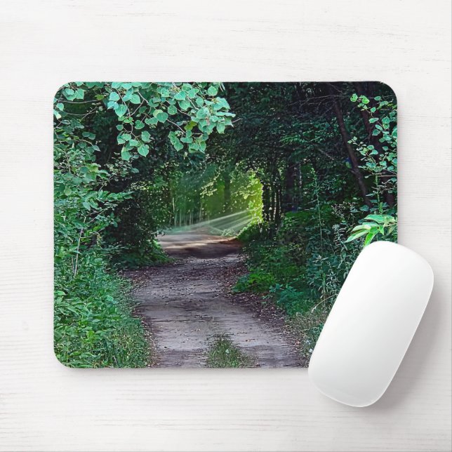 Woodland Canopy With Sunbeams On Dirt Path Mouse Mat (With Mouse)