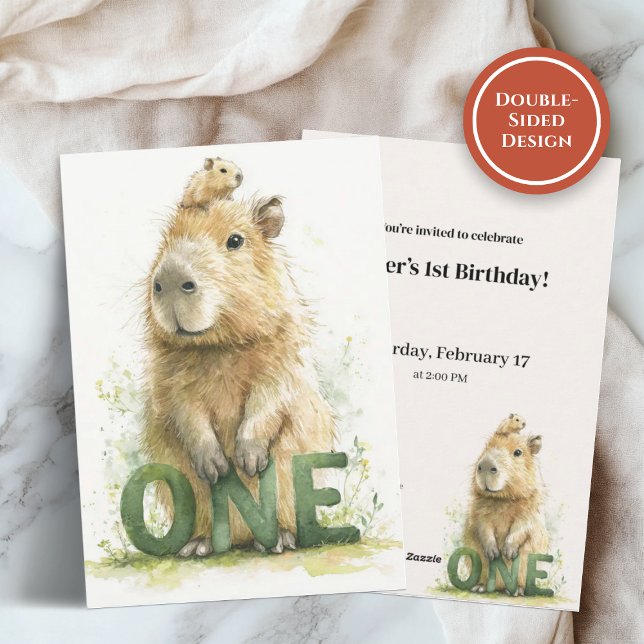 Woodland Capybara 1st Birthday Invitation (Watercolor capybara with green ONE letters on a soft birthday invitation background)