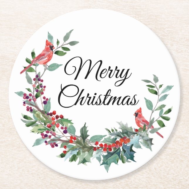 Woodland Cardinal Christmas Round Paper Coaster (Front)