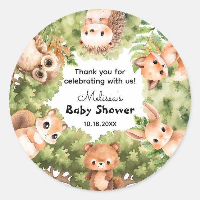 Woodland Charming Forest Friends Baby Boy Shower Classic Round Sticker (Front)