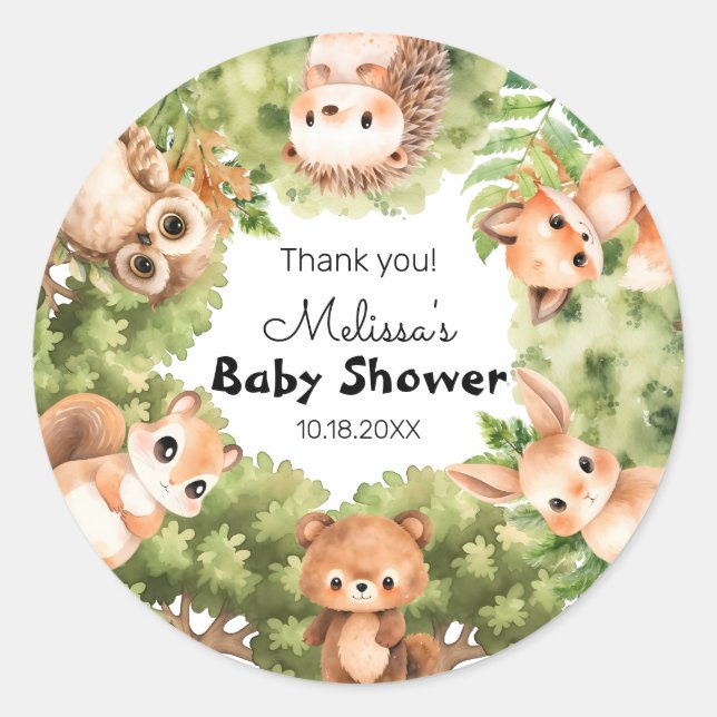 Woodland Charming Friends Baby Shower Thank you Classic Round Sticker (Front)