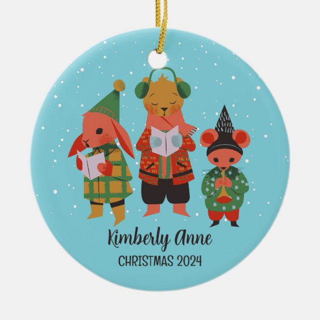 Woodland Christmas Animal Snowy Winter Holiday Ceramic Tree Decoration (Front)