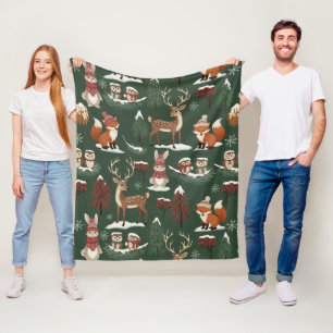 Woodland Christmas Animals Pattern –Cute Winter 10 Fleece Blanket