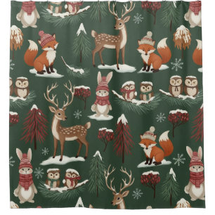 Woodland Christmas Animals Pattern –Cute Winter 10 Shower Curtain