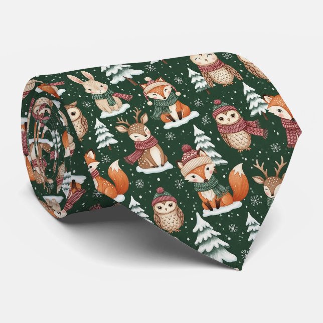Woodland Christmas Animals Pattern – Cute Winter 4 Tie (Rolled)