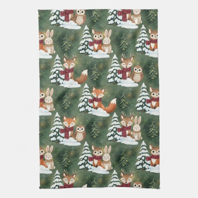 Woodland Christmas Animals Pattern – Cute Winter 9 Tea Towel (Vertical)