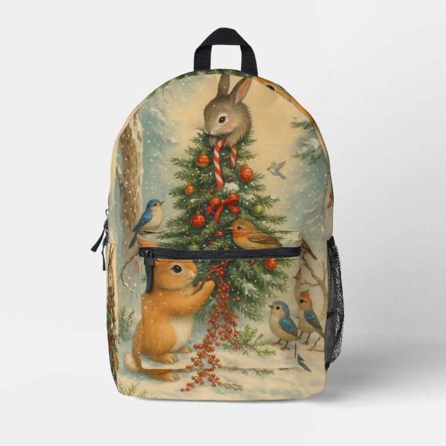 Woodland christmas bunny festive cozy winter printed backpack (Front)