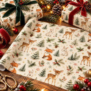 Woodland Christmas Deer Fox Bunny Watercolor Wrapp Wrapping Paper
