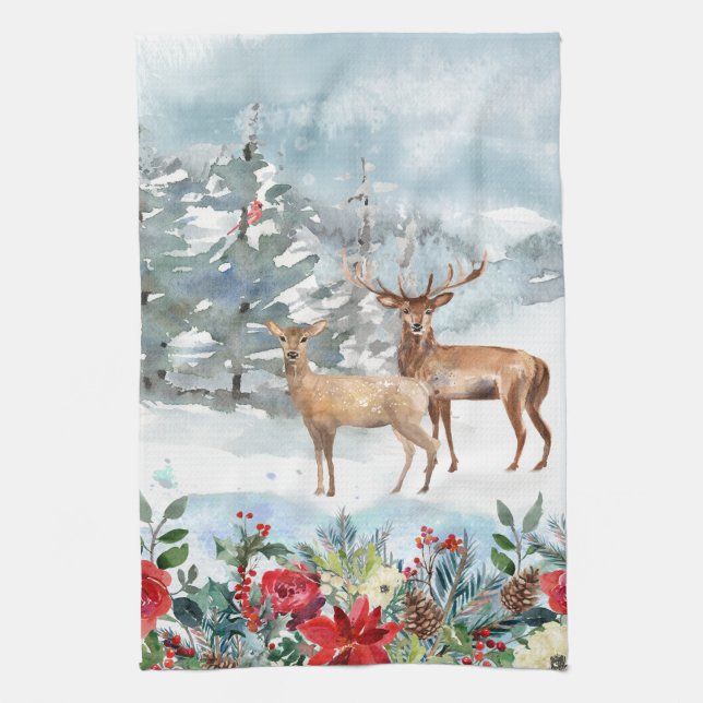 Woodland Christmas Deer Tea Towel (Vertical)