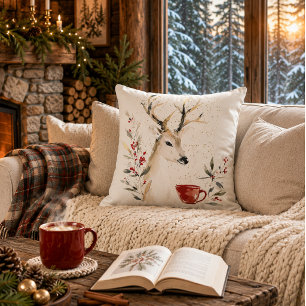 Woodland Christmas Deer Watercolor Cushion