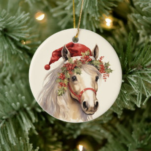 Woodland Christmas horse add text watercolor  Ceramic Tree Decoration