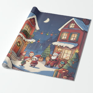 Woodland christmas red vintage santa illustration  wrapping paper