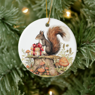 Woodland Christmas squirrel add text watercolor Ceramic Tree Decoration
