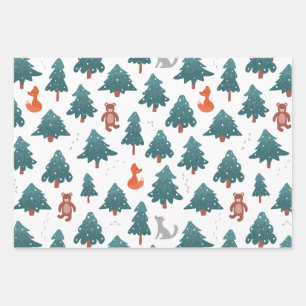 Woodland Christmas - Trees, Bear and Fox   Wrapping Paper Sheet