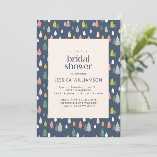 Woodland Christmas Trees Blue Green Bridal Shower Invitation (Standing Front)