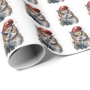 Woodland Christmas Watercolor Owl Santa Hat Wrapping Paper