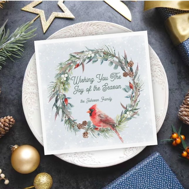 Woodland Christmas Wreath, Cardinal, Snowflakes Napkin (Creator Uploaded)