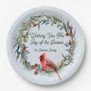 Woodland Christmas Wreath, Cardinal, Snowflakes Paper Plate