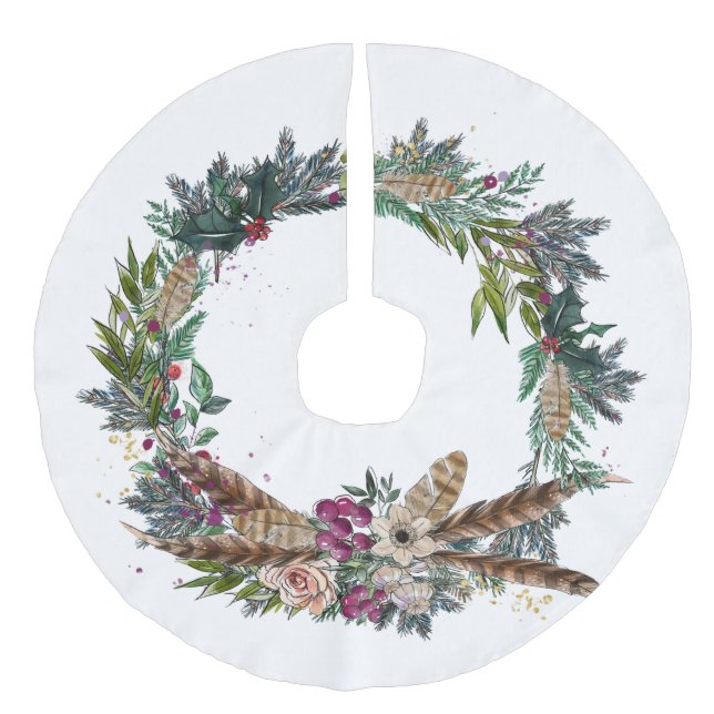 Woodland Christmas Wreath with  Feathers Faux Linen Tree Skirt (Front)