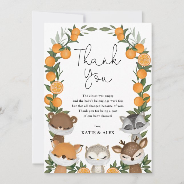 Woodland Citrus Virtual Quarantine Baby Shower Thank You Card (Front)
