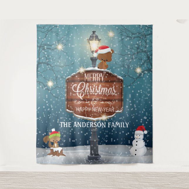 Woodland country lamp post cute animals in snow tapestry (Front)