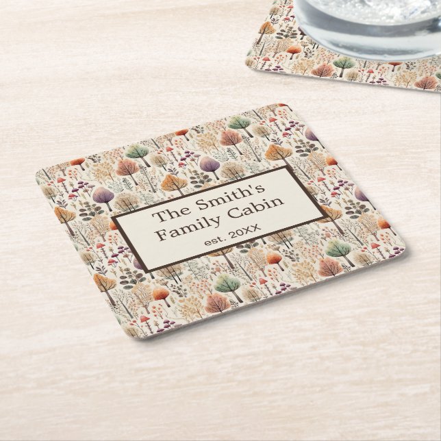 Woodland Cozy Cabin Family Gift Square Paper Coaster (Angled)