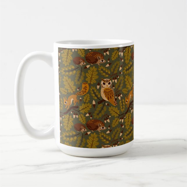 Woodland Creatures and Leaves Pattern Coffee Mug (Left)