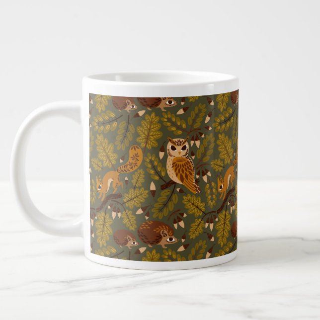 Woodland Creatures and Leaves Pattern Large Coffee Mug (Left)