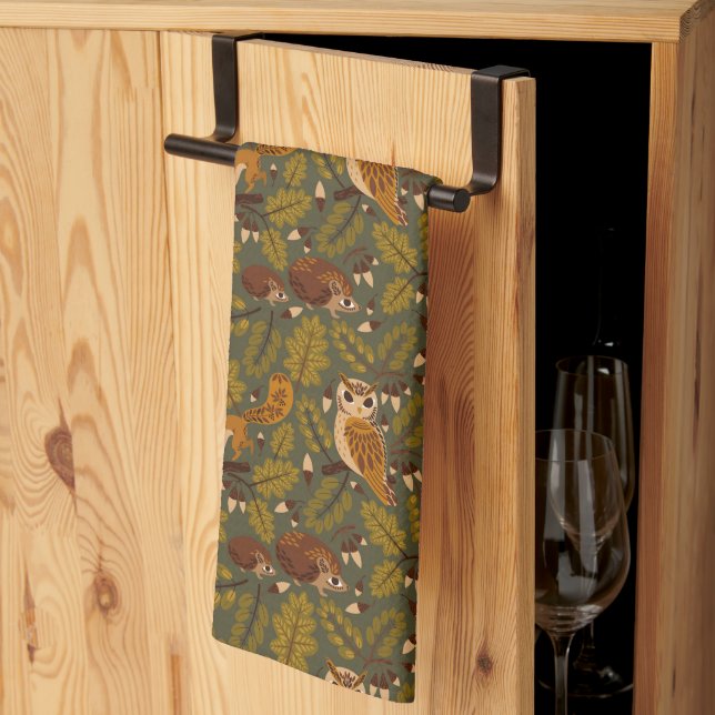 Woodland Creatures and Leaves Pattern Tea Towel (Thirds Fold)