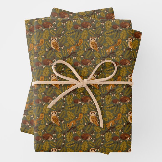 Woodland Creatures and Leaves Pattern Wrapping Paper Sheet (In situ)