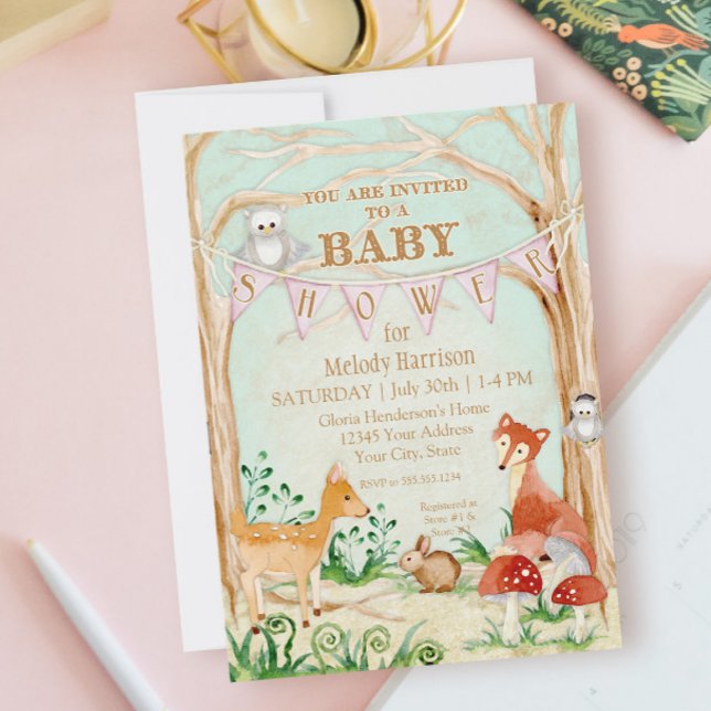 Woodland Creatures Animals Deer Fox Rabbit Owl Art Invitation (Creator Uploaded)