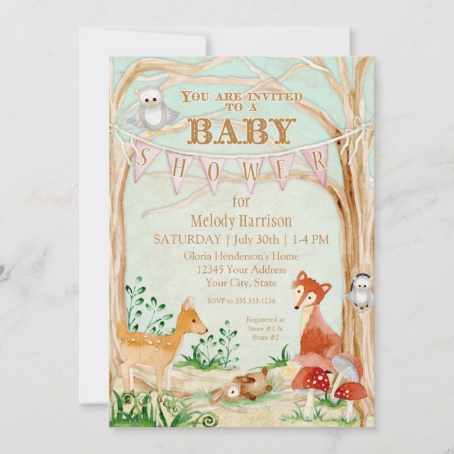 Woodland Creatures Animals Deer Fox Rabbit Owl Art Invitation (Front)
