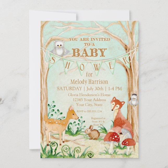 Woodland Creatures Animals Deer Fox Rabbit Owl Art Invitation (Front)